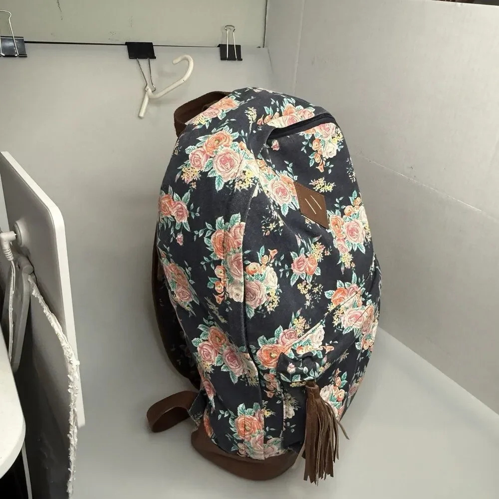 MUDD Backpack Canvas Navy Blue Floral Tassel Pulls Faux Leather EUC